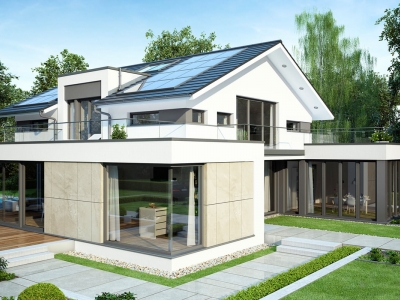 Проект мансардного блочного дома с террасой, скатной кровлей PP-88