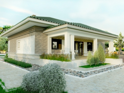 Проект 1 этажного четырехскатного дома, блочный, с террасой KN