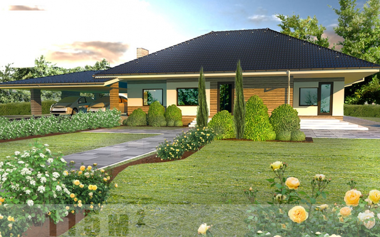 Проект 1 этажного дома с террасой и гаражем 41А