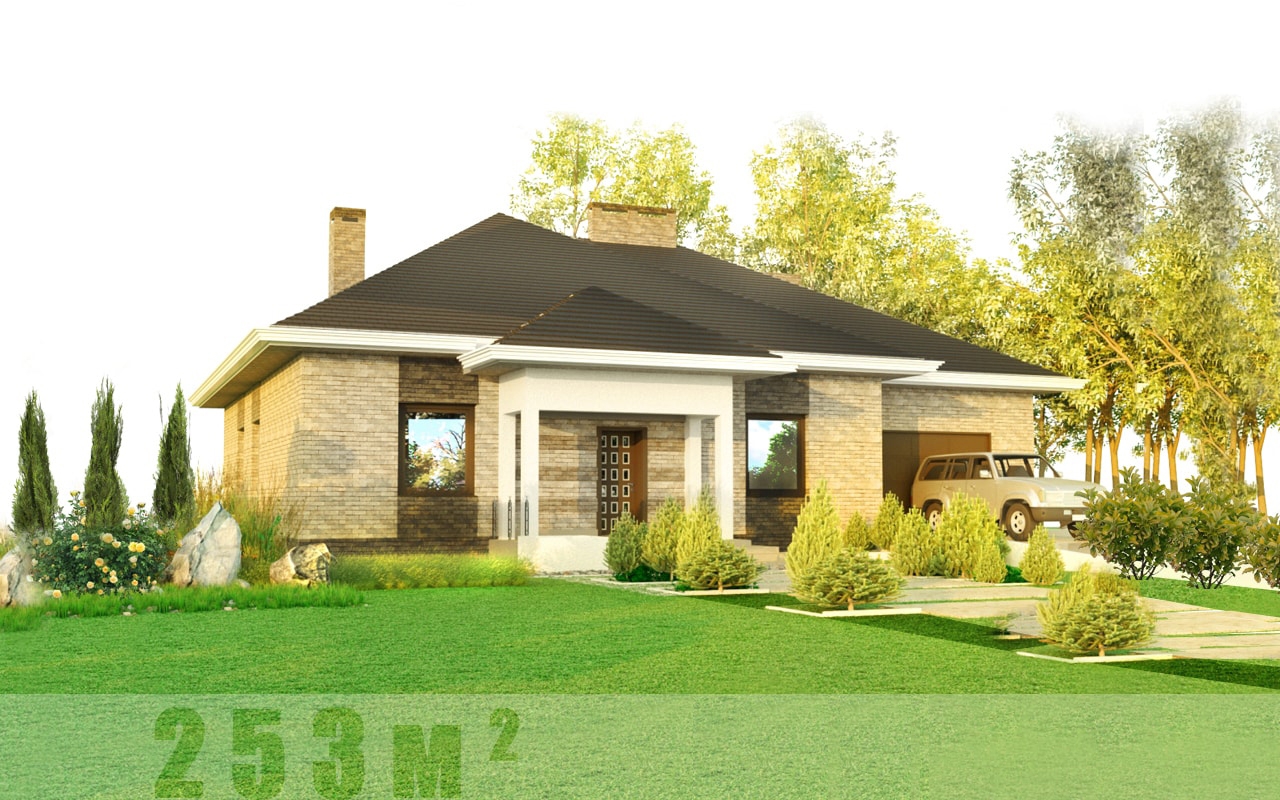 Проект 1 этажный из блоков(кирпича) с террасой и гаражом AD