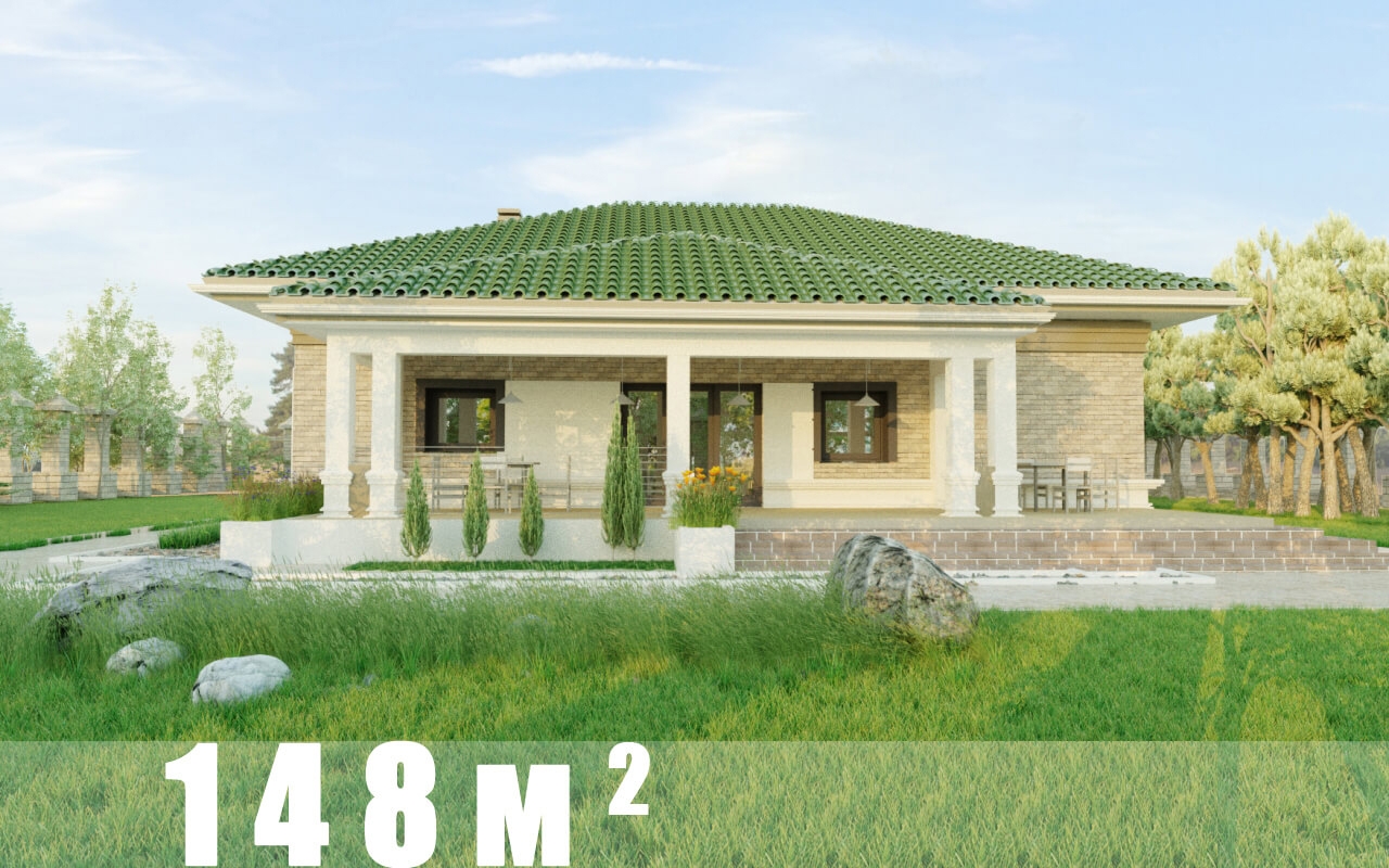 Проект 1 этажного четырехскатного дома, блочный, с террасой KN