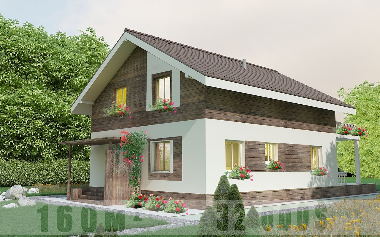 Проект мансардный деревянный дом с террасой ND7