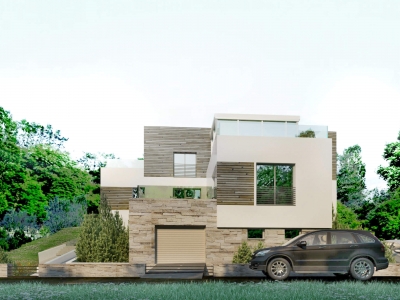 Проект 2 этажного дома на рельефе с цоколем, террасой, плоской кровлей IN