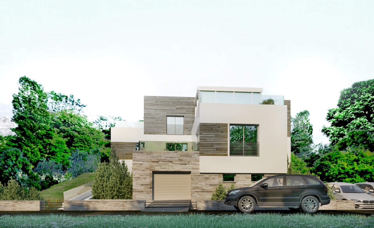 Проект 2 этажного дома на рельефе с цоколем, террасой, плоской кровлей IN