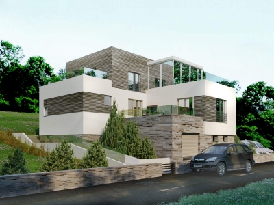 Проект 2 этажного дома на рельефе с цоколем, террасой, плоской кровлей IN