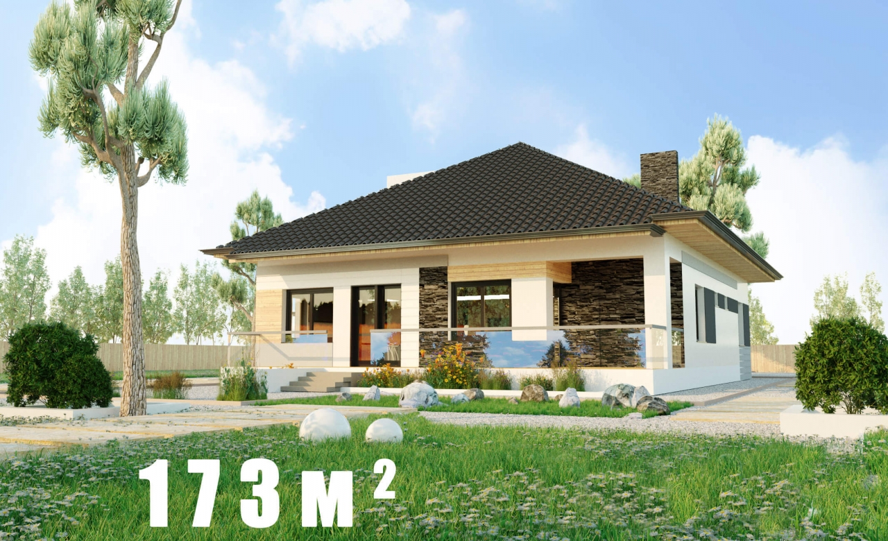 Проект 1 этажного дома блочный, с террасой и гаражем  ZS