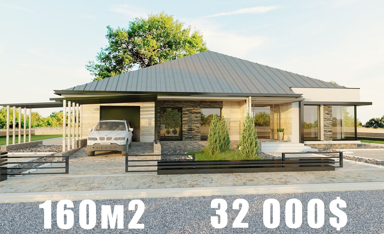 Проект 1 этажного дома  из блоков с террасой, гаражом AM17