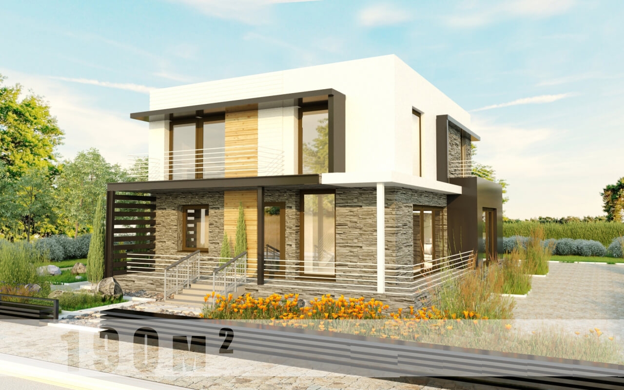 Проект 2 этажного дома с плоской кровлей, террасой -LS