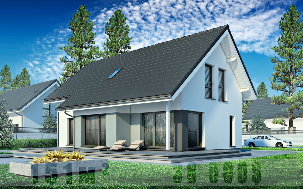 Проект мансардного дома из блоков с террасой PP-73