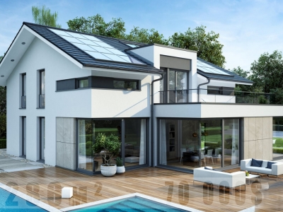 Проект мансардного блочного дома с террасой, скатной кровлей PP-88