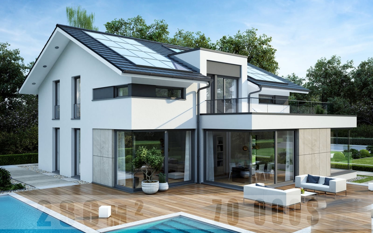 Проект мансардного блочного дома с террасой, скатной кровлей PP-88